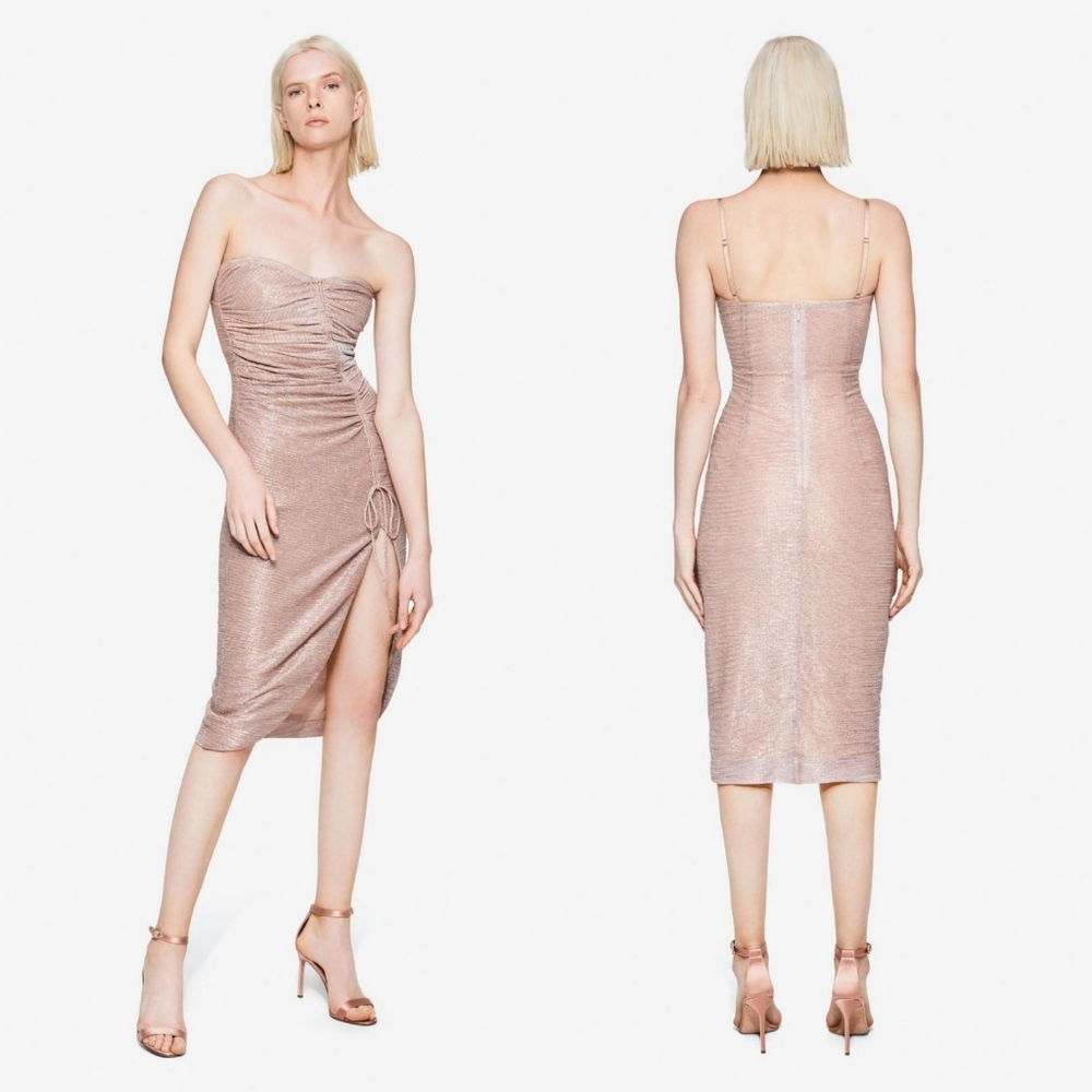NWT Jonathan Simkhai Roxanne ruched plisse lame bustier mini dress in rose gold